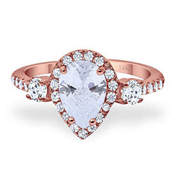 14K Rose Gold Three Stone Halo Teardrop Pear Fashion Bridal Wedding Engagement Ring Simulated CZ Size-7